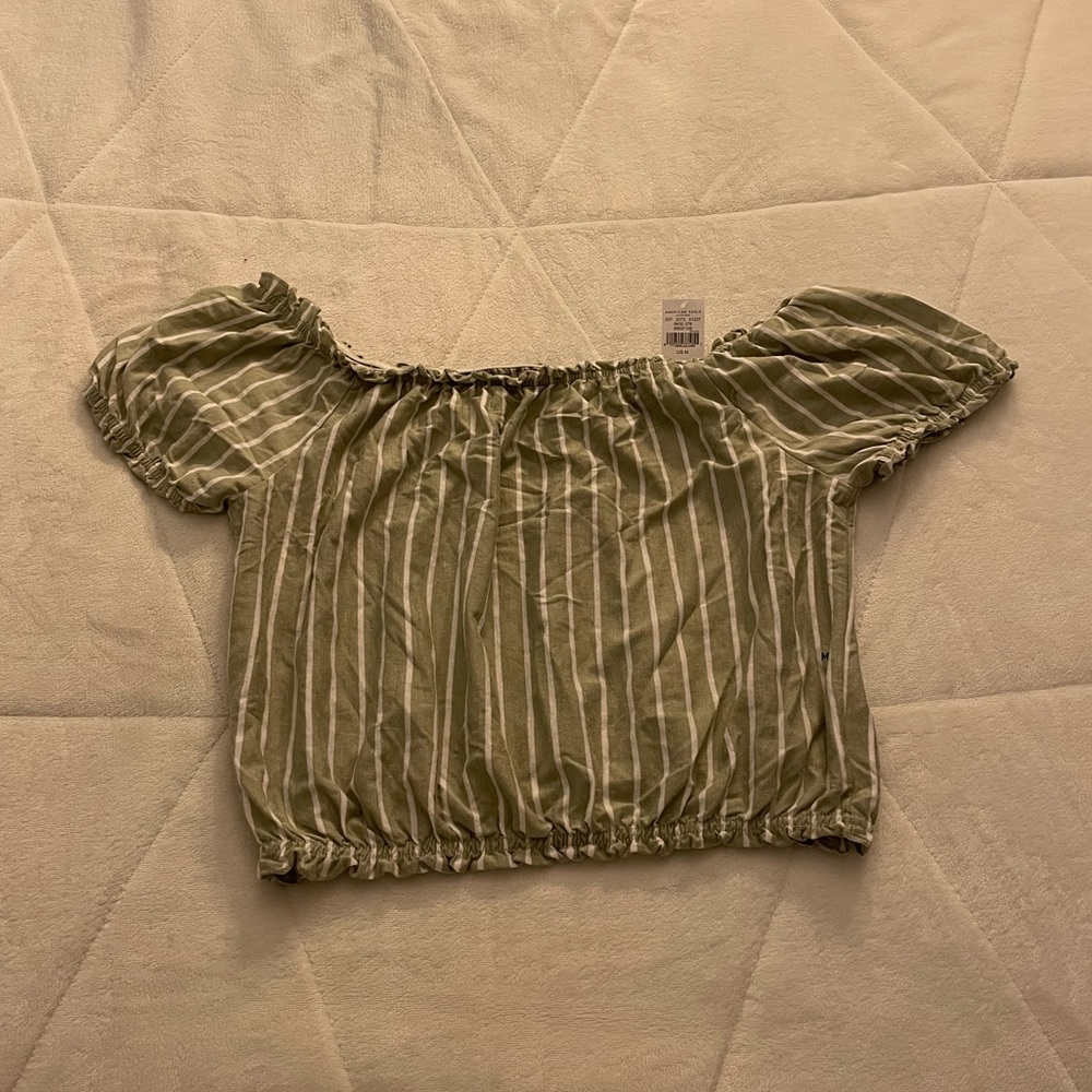 Green and white striped American eagle off the shoulder shirt